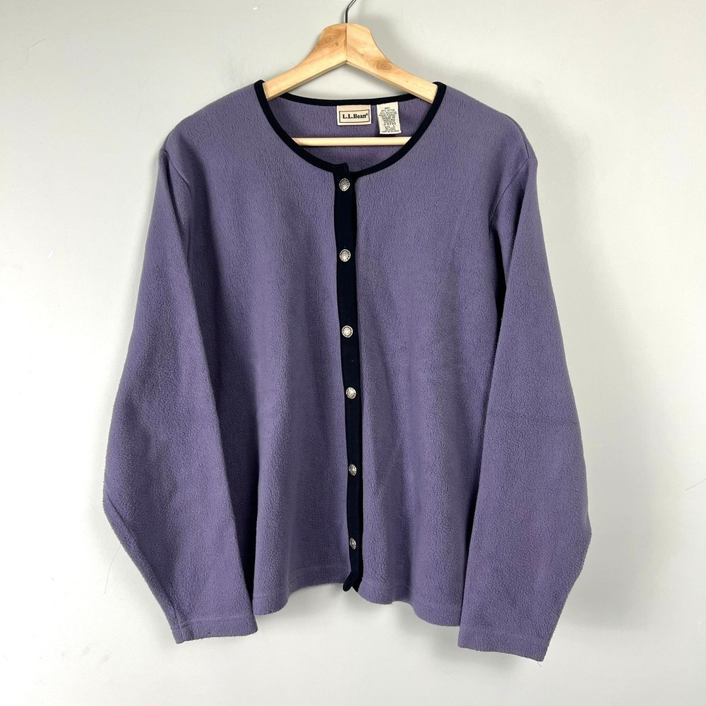 Vtg LL Bean Purple Fleece Cardigan L Button Front Metal Buttons  Cabin 90s Retro